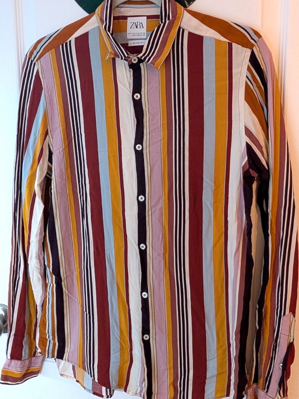 ZARA Men’s Vertical Stripe Button-Down Shirt - Burgundy, Mustard & Light Blue